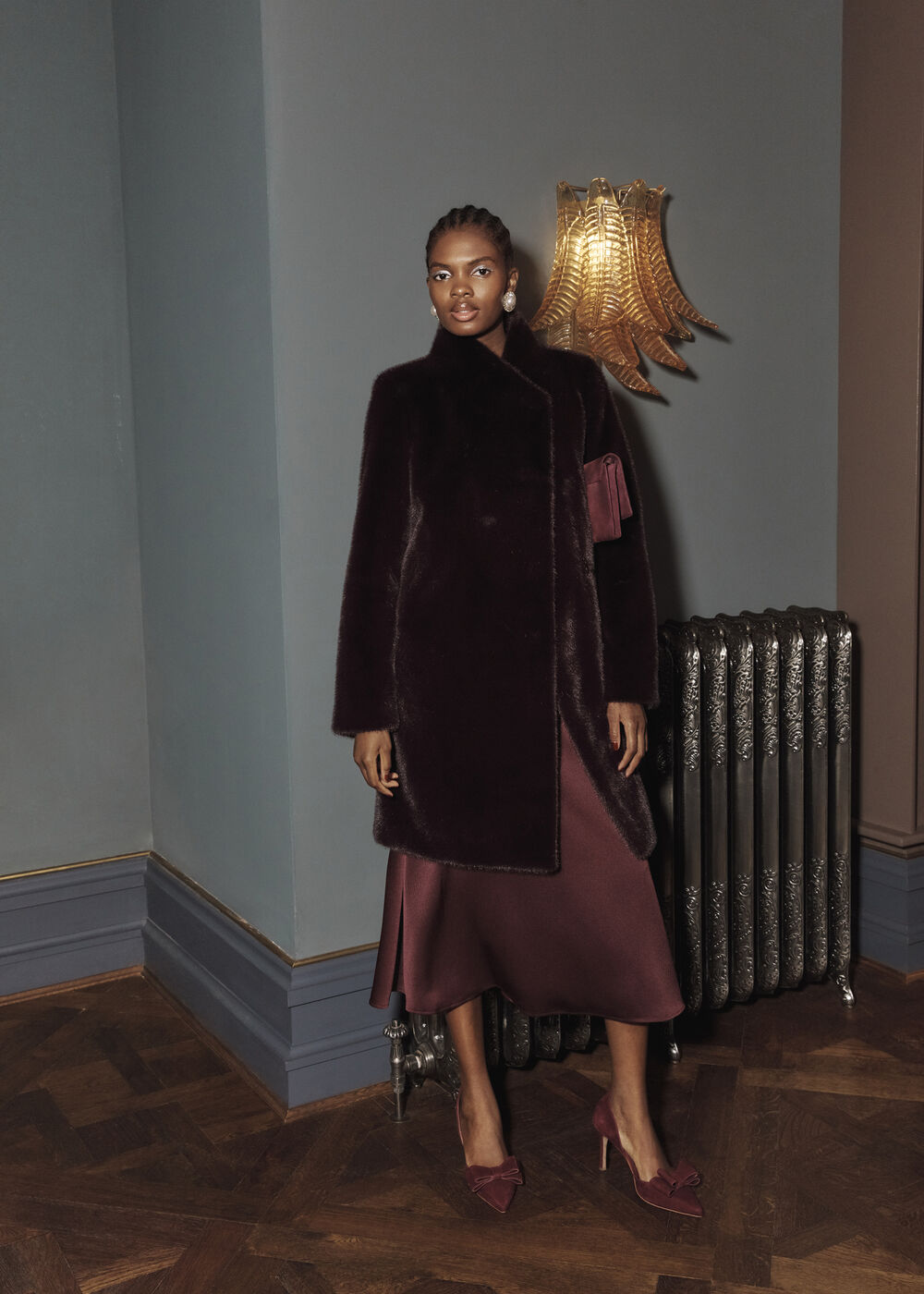 Tarini Faux Fur Coat, Wine, hi-res