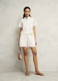 White Buscot Cotton Broderie Shorts, Hobbs White, hi-res