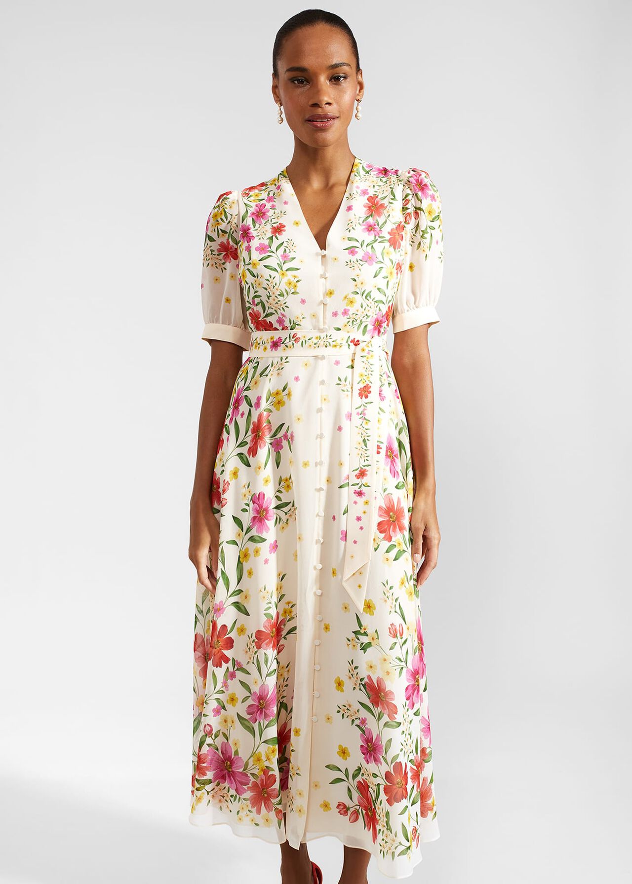 Aurelia Floral Silk Dress, Cream Multi, hi-res