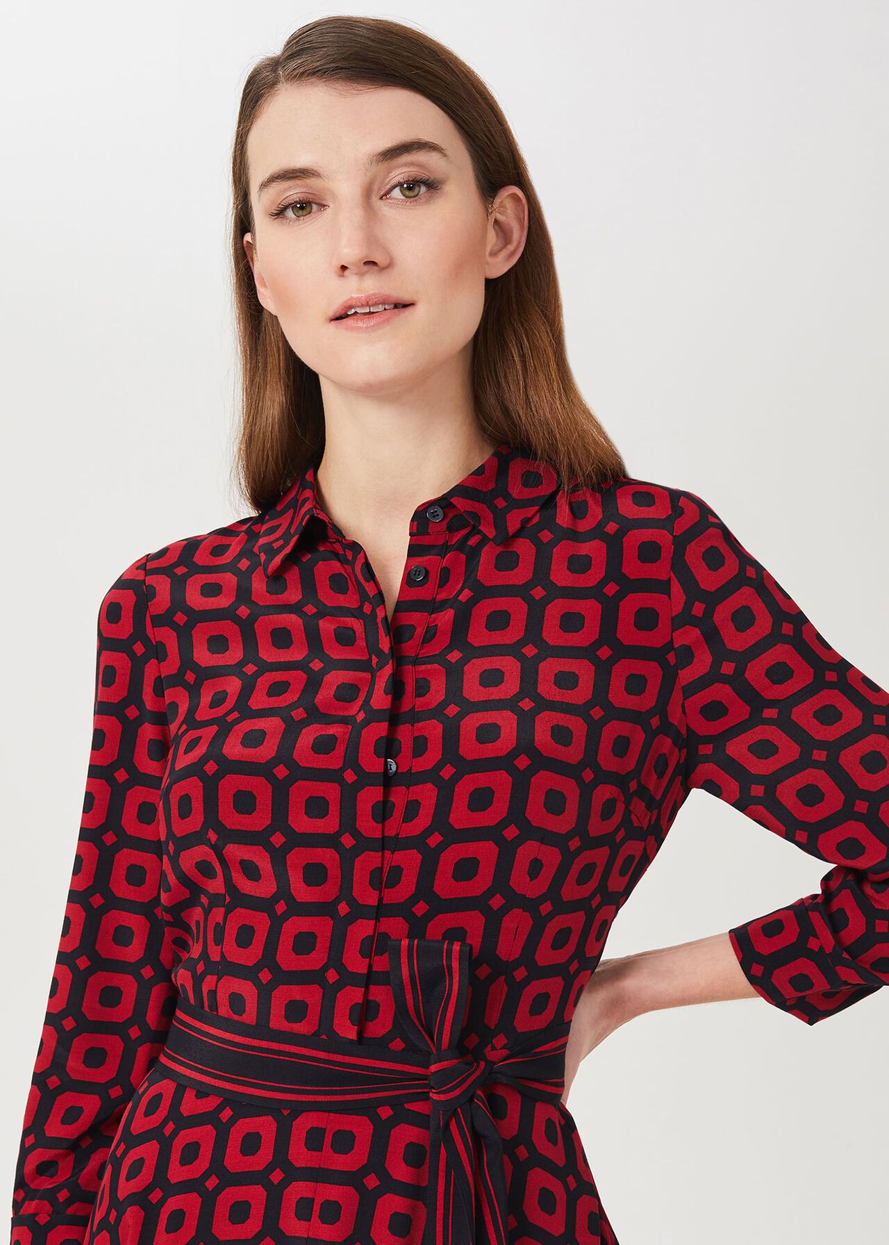 Alex Geo Shirt Dress, Red Navy, hi-res