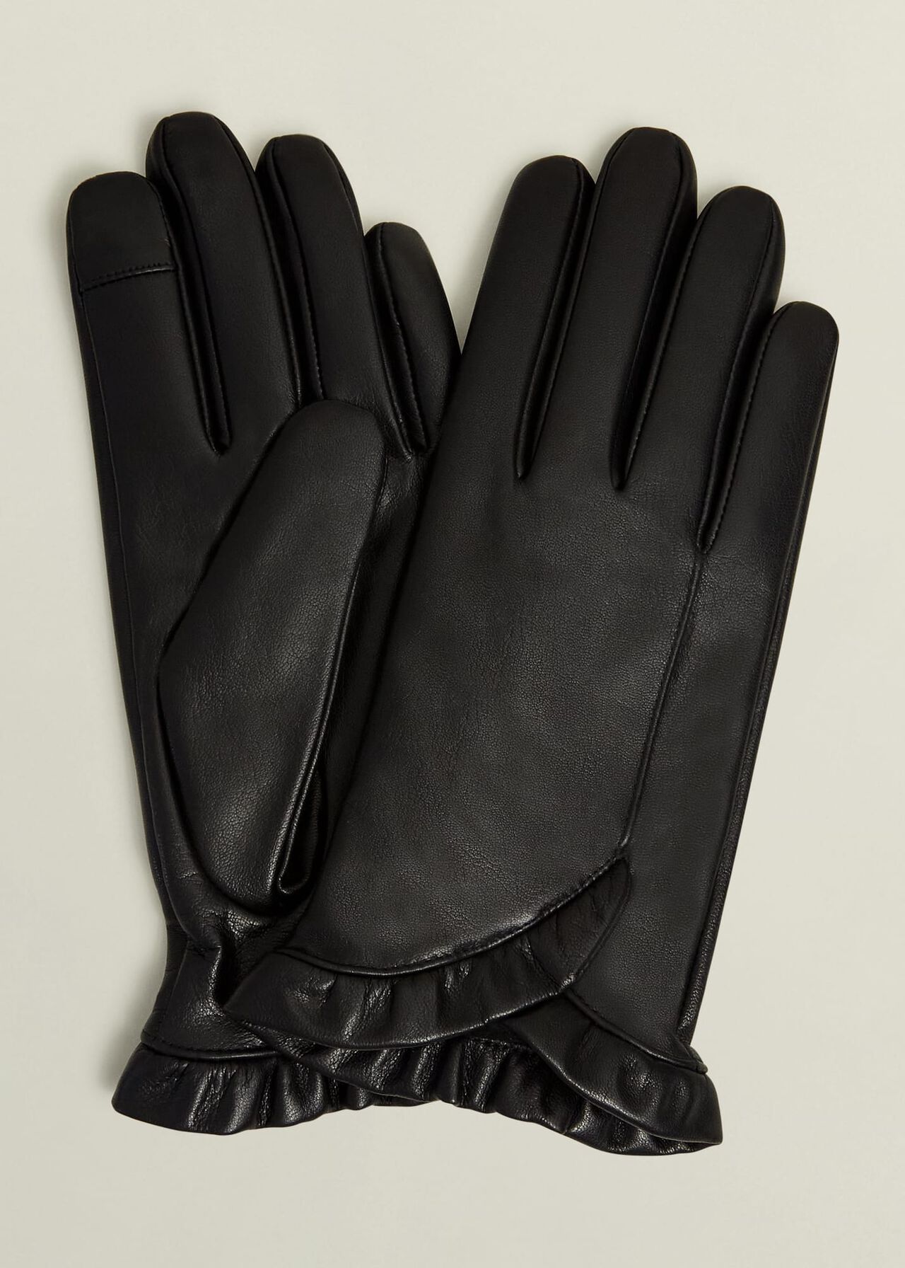 Edeline Leather Ruffle Gloves, Black, hi-res