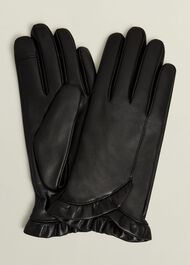 Edeline Leather Ruffle Gloves, Black, hi-res