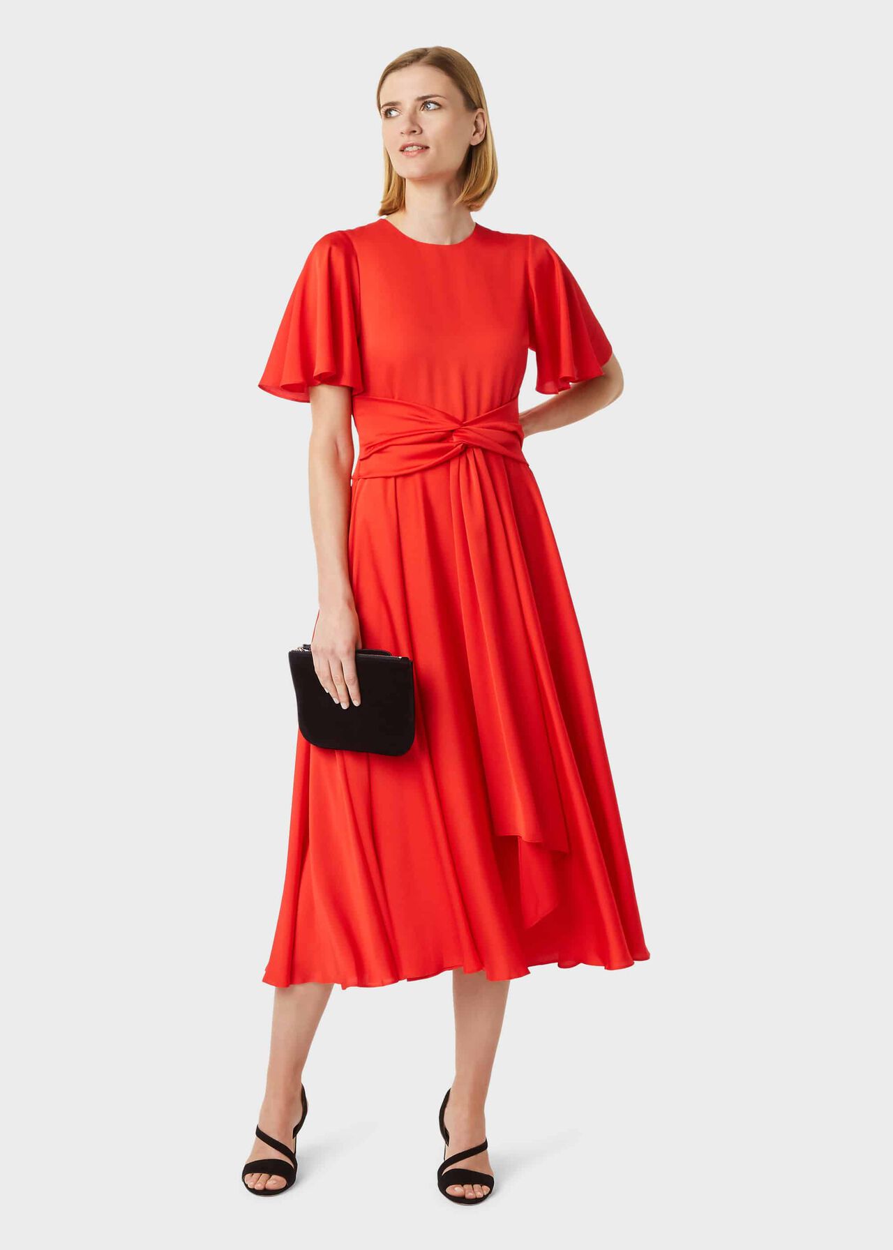 Leia Satin Fit And Flare Dress, Flame Red, hi-res