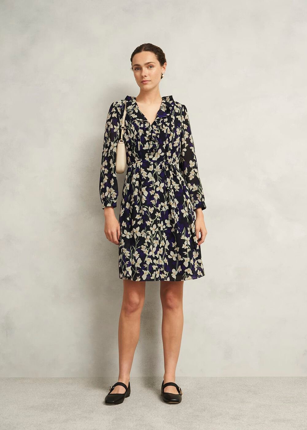 Navy Floral Zoe Dress with Ruffle Neck, Navy Multi, hi-res