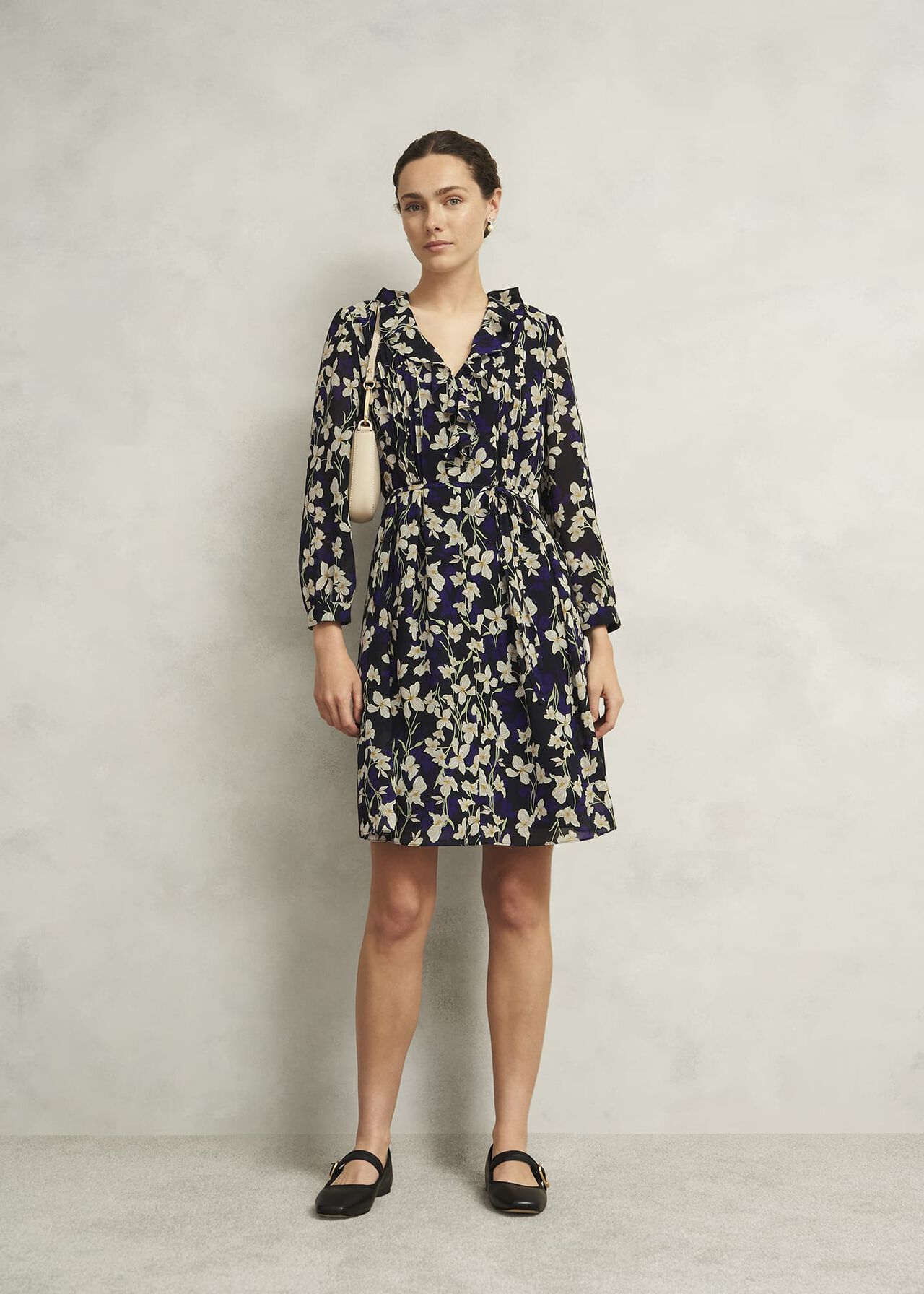 Navy Floral Zoe Dress with Ruffle Neck, Navy Multi, hi-res
