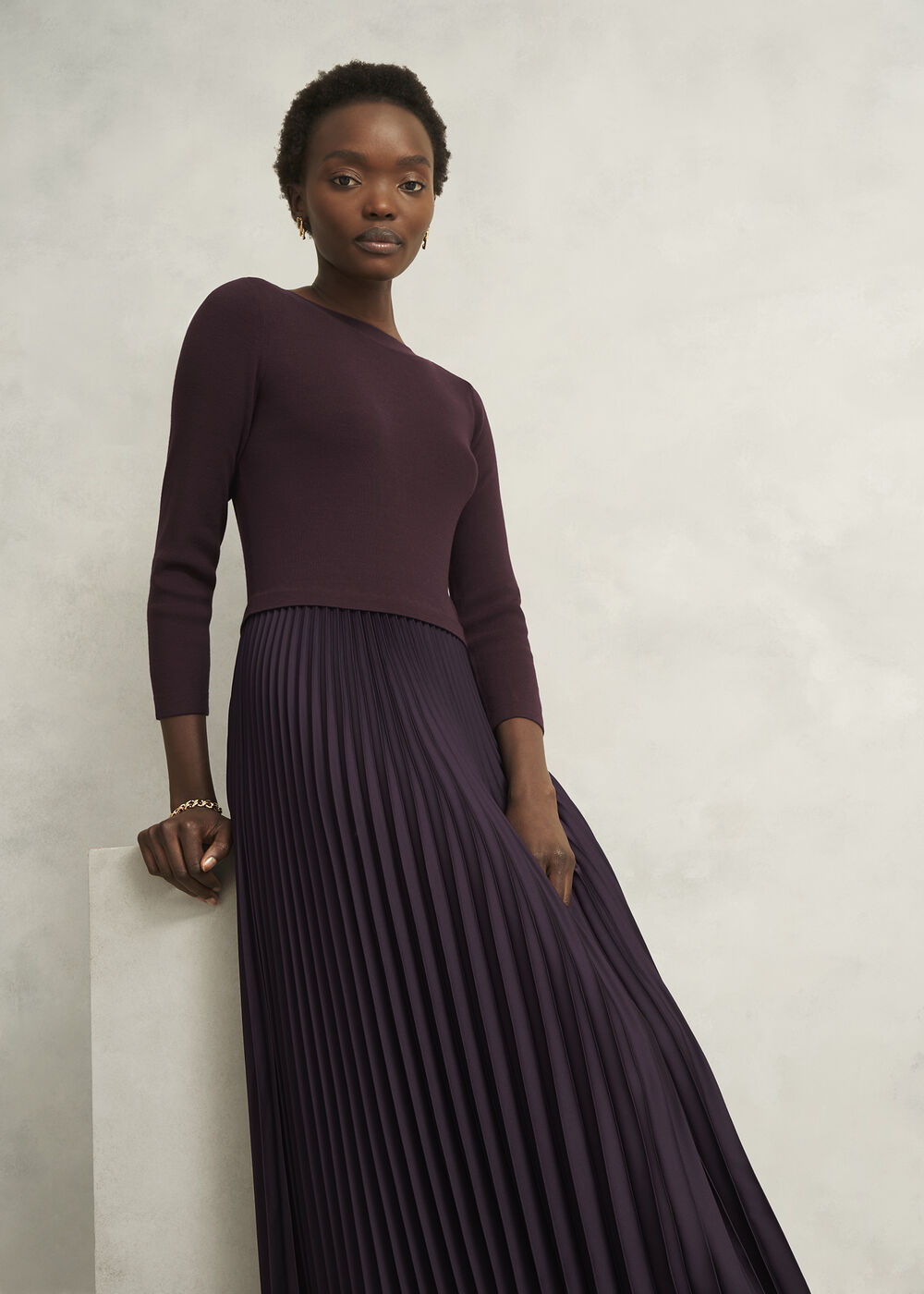 Petite Lucinda Knitted Pleated Midi Dress, Malbec Purple, hi-res