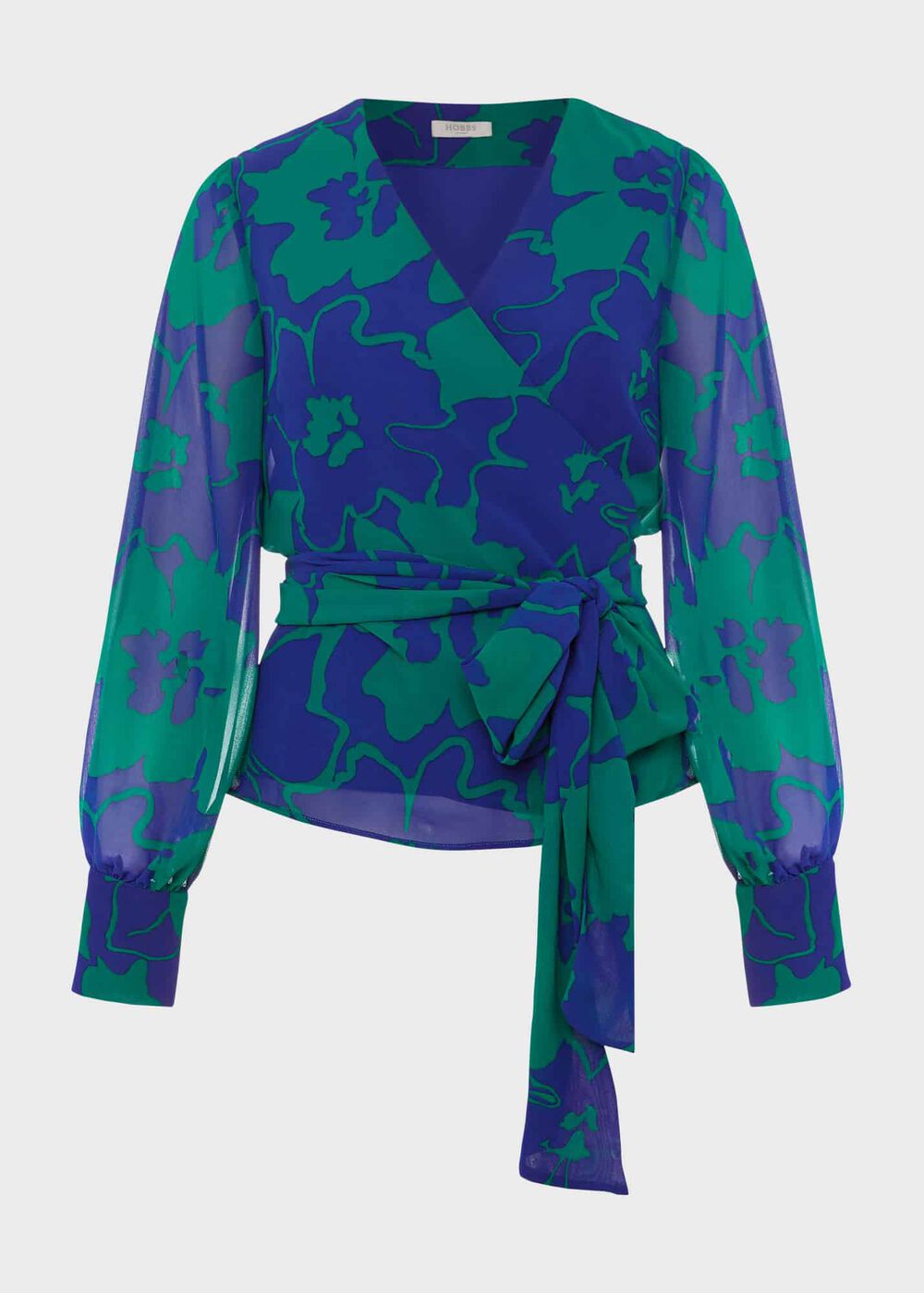 Elizabeth Printed Wrap Blouse, Blue Green, hi-res