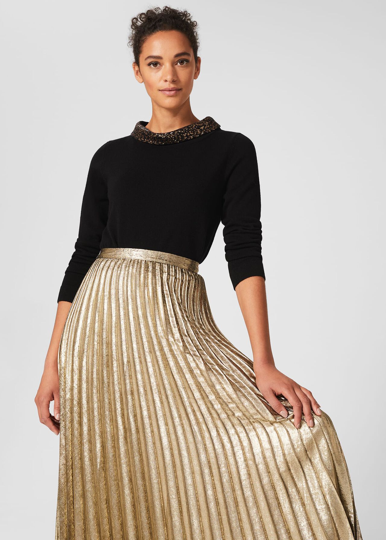 Annabella Midi Pleated Skirt, Gold, hi-res