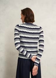 Navy Osterley Chevron Stripe V Neck Knitted Cardigan, Navy Ivory, hi-res