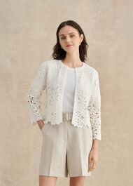 Syon Cotton Crochet Knitted Jacket, Ivory, hi-res