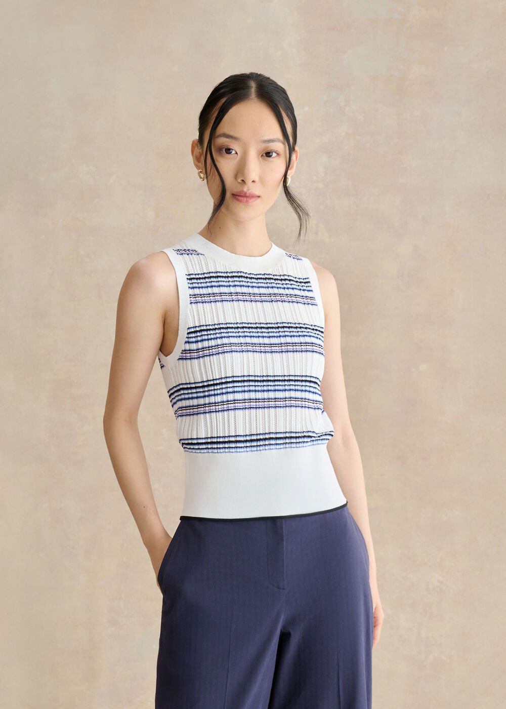 Lowther Stripe Pointelle Knitted Tank, Blue Ivory, hi-res