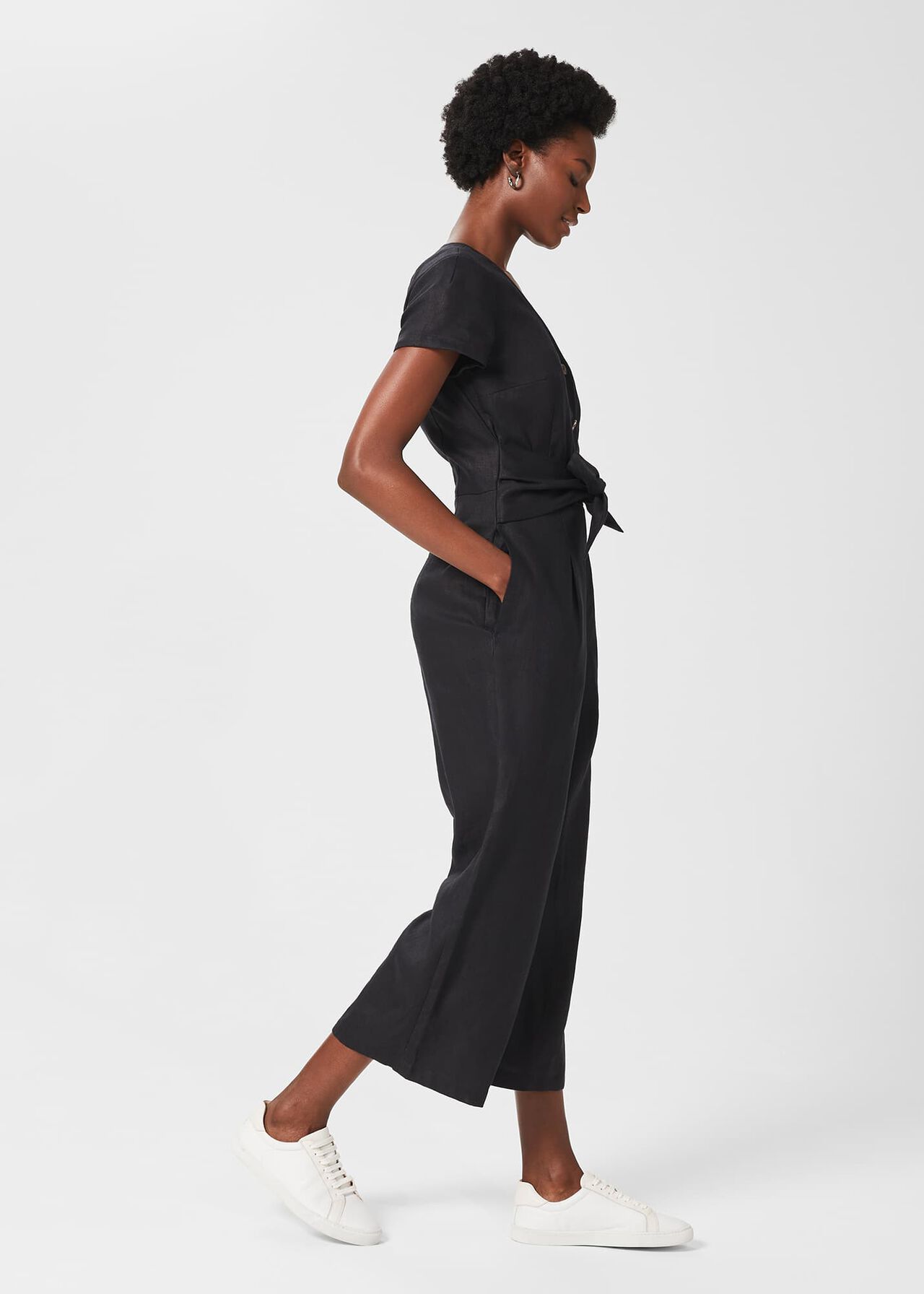 Jayne Linen Cropped Jumpsuit, Black, hi-res