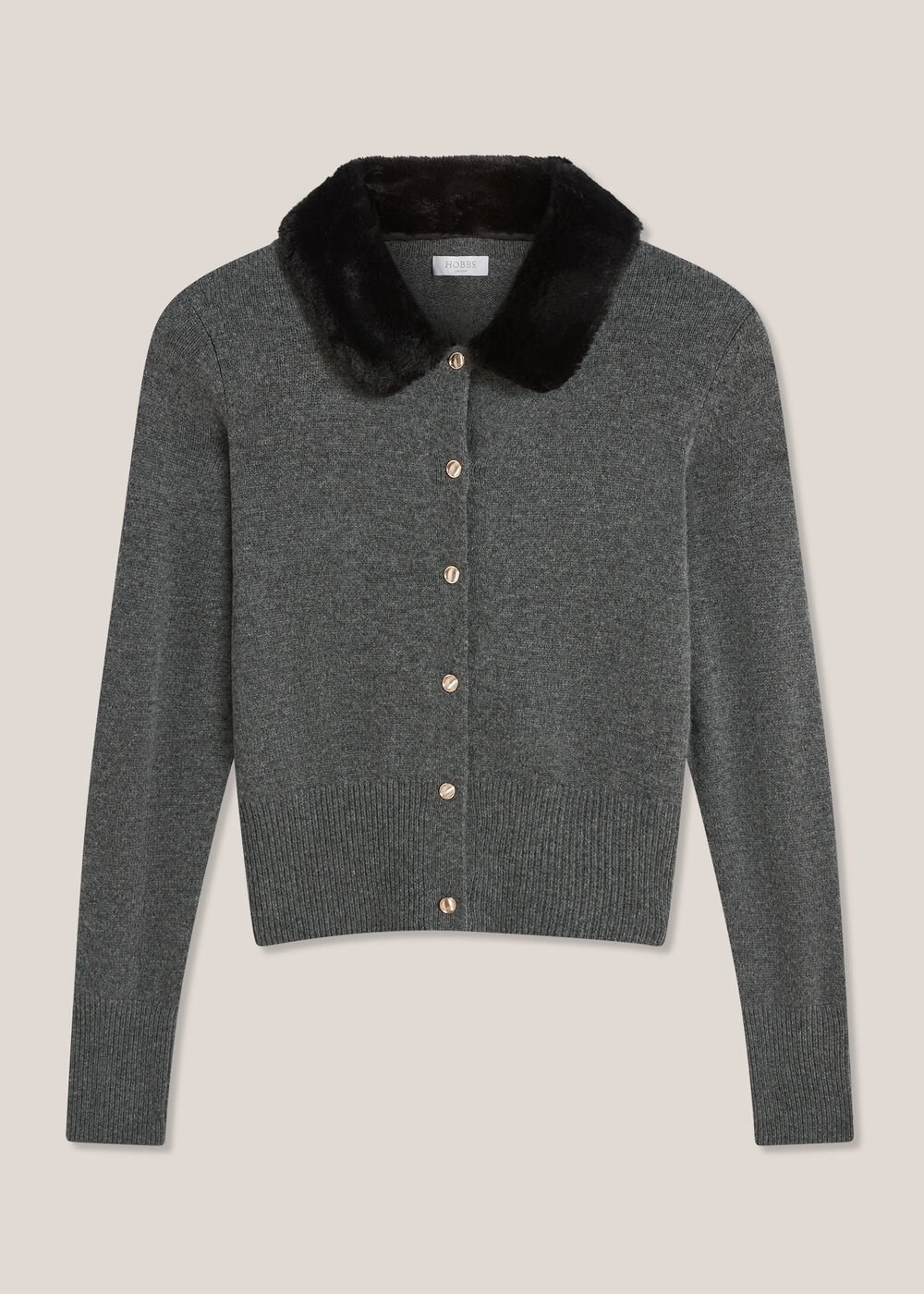 Lulah Wool Blend Fur Collar Knitted Cardigan, Charcoal Grey, hi-res