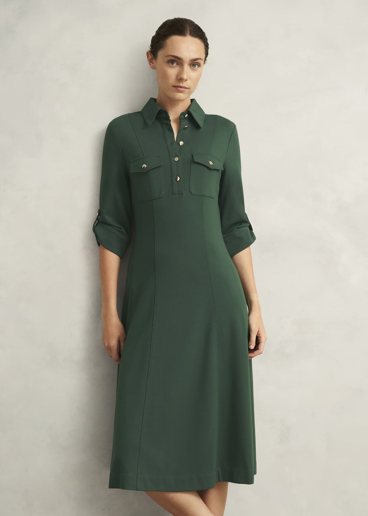 Dark Green Angelica Utility Ponte Midi Dress, Rich Sage Green, hi-res