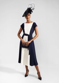 Emery Tie Belted Midi Dress, Navy Cream, hi-res