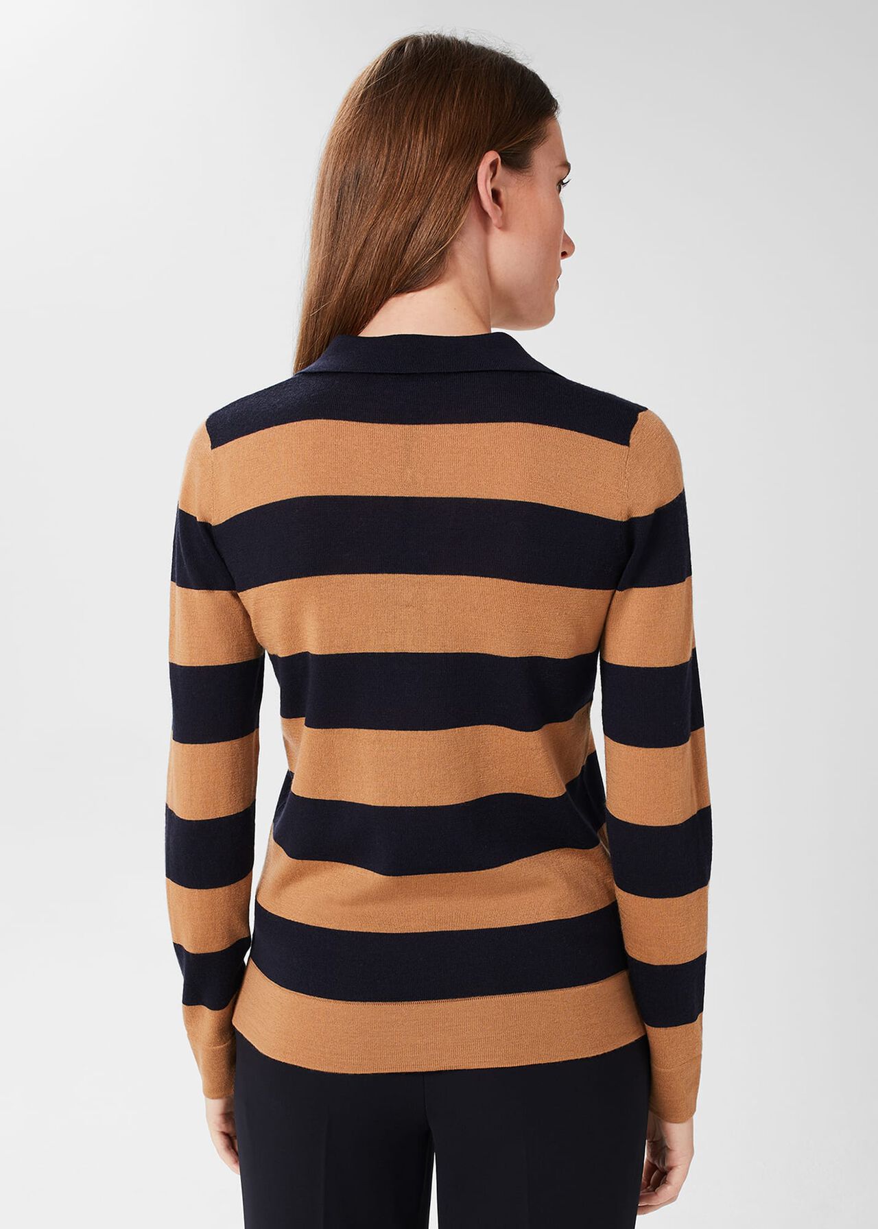 Alexis Merino Wool Stripe Polo Jumper, Navy Camel, hi-res