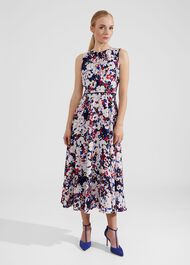 Petite Carly Gathered Neck Floral Dress, Navy Pink Multi, hi-res