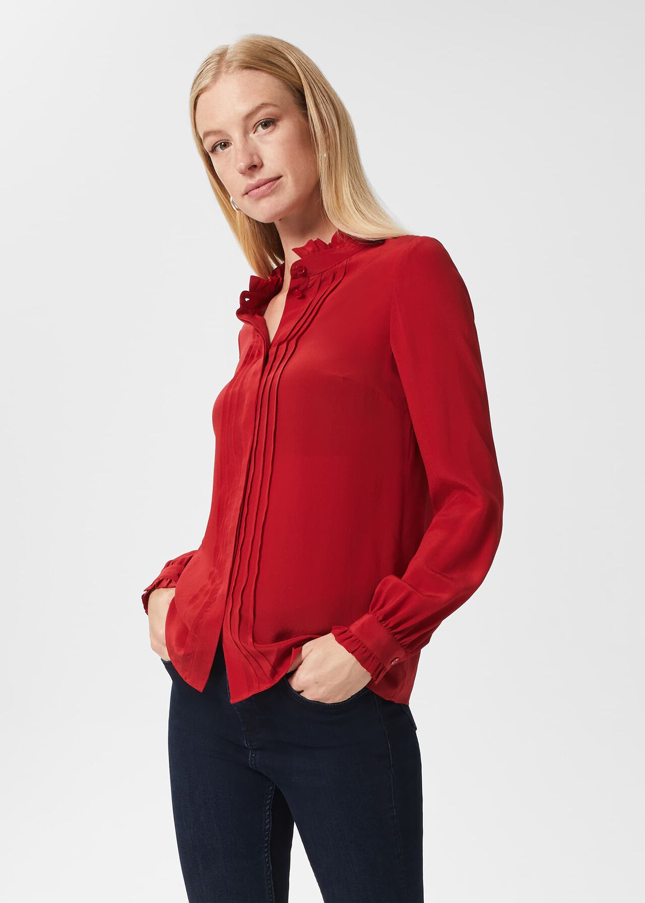 Gracie Silk Frill Blouse, Red, hi-res