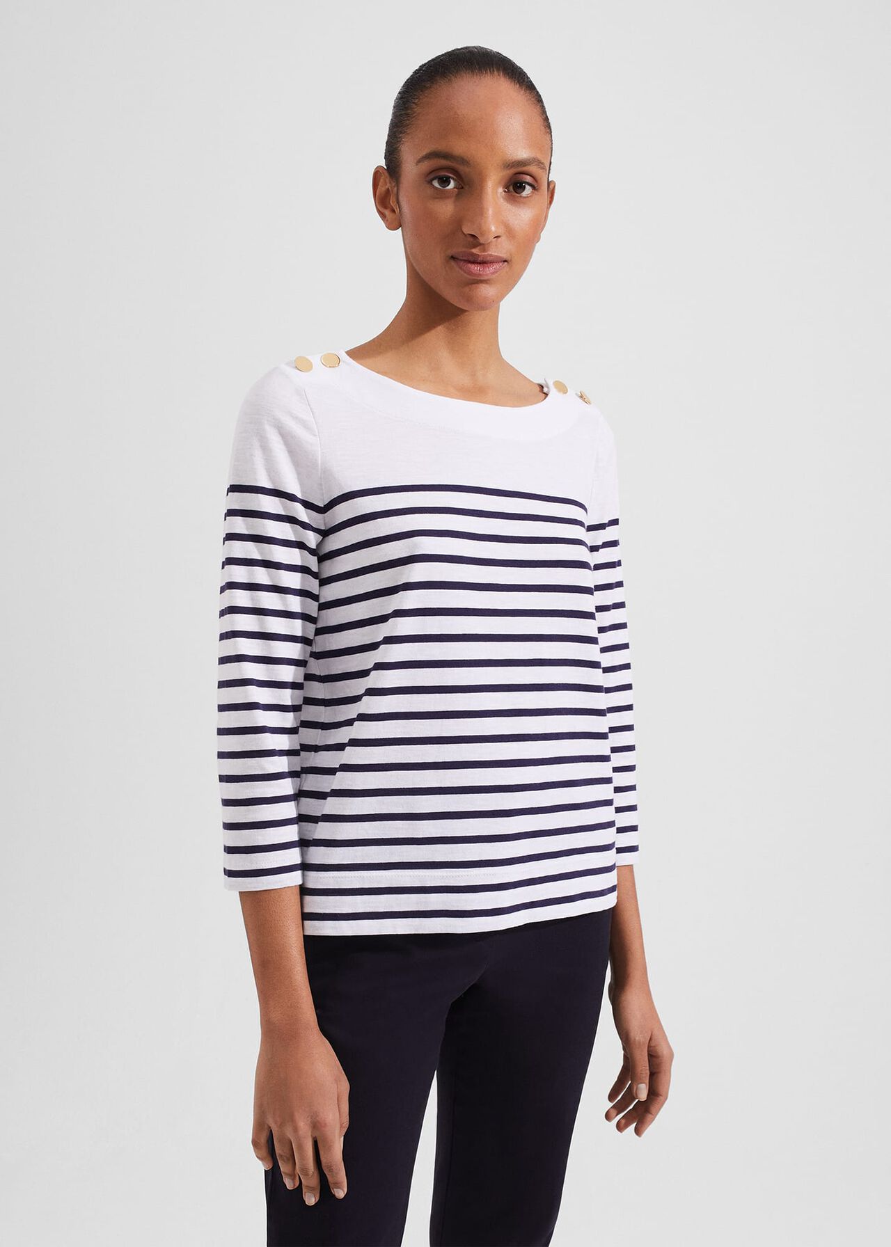 Kirsty Cotton Slub Top, White Navy, hi-res