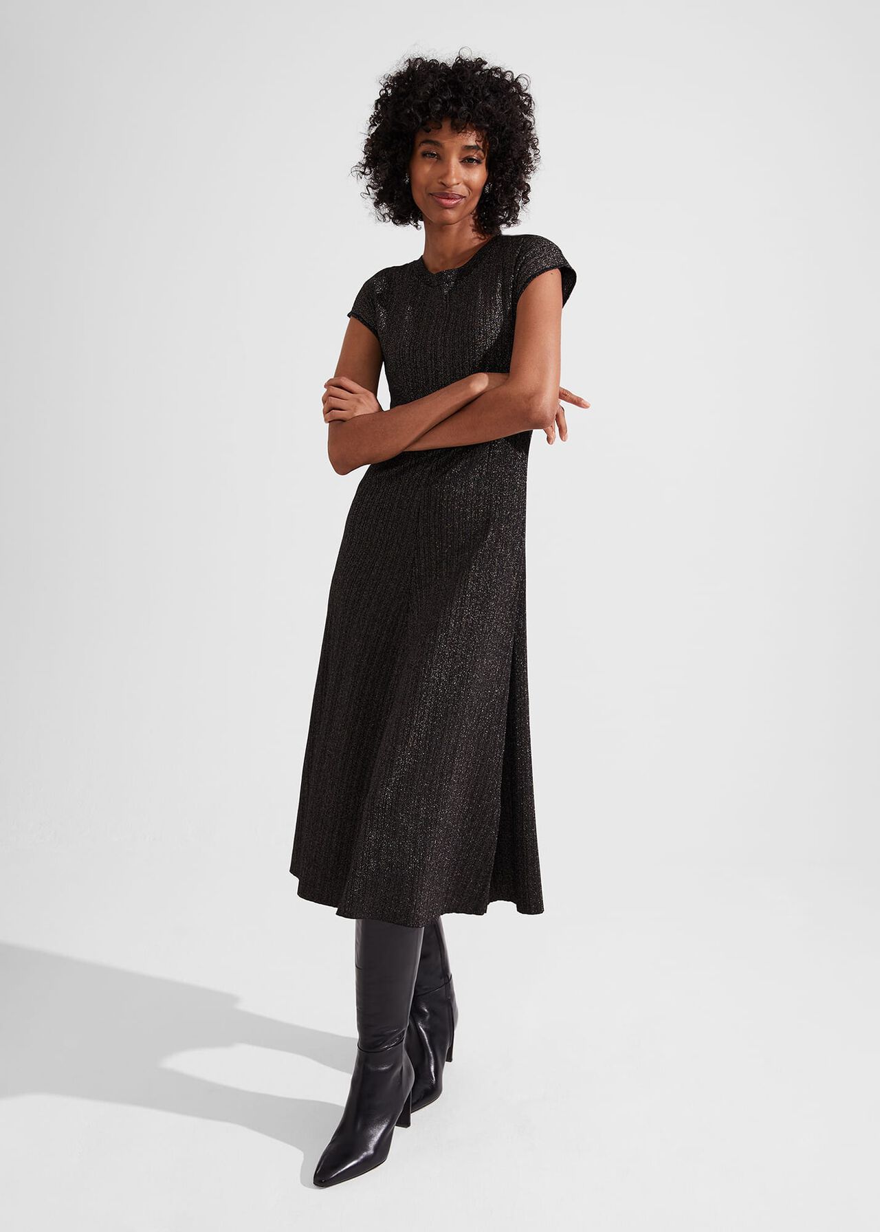 Reena Sparkle Ribbed Knitted Dress, Black Gold, hi-res