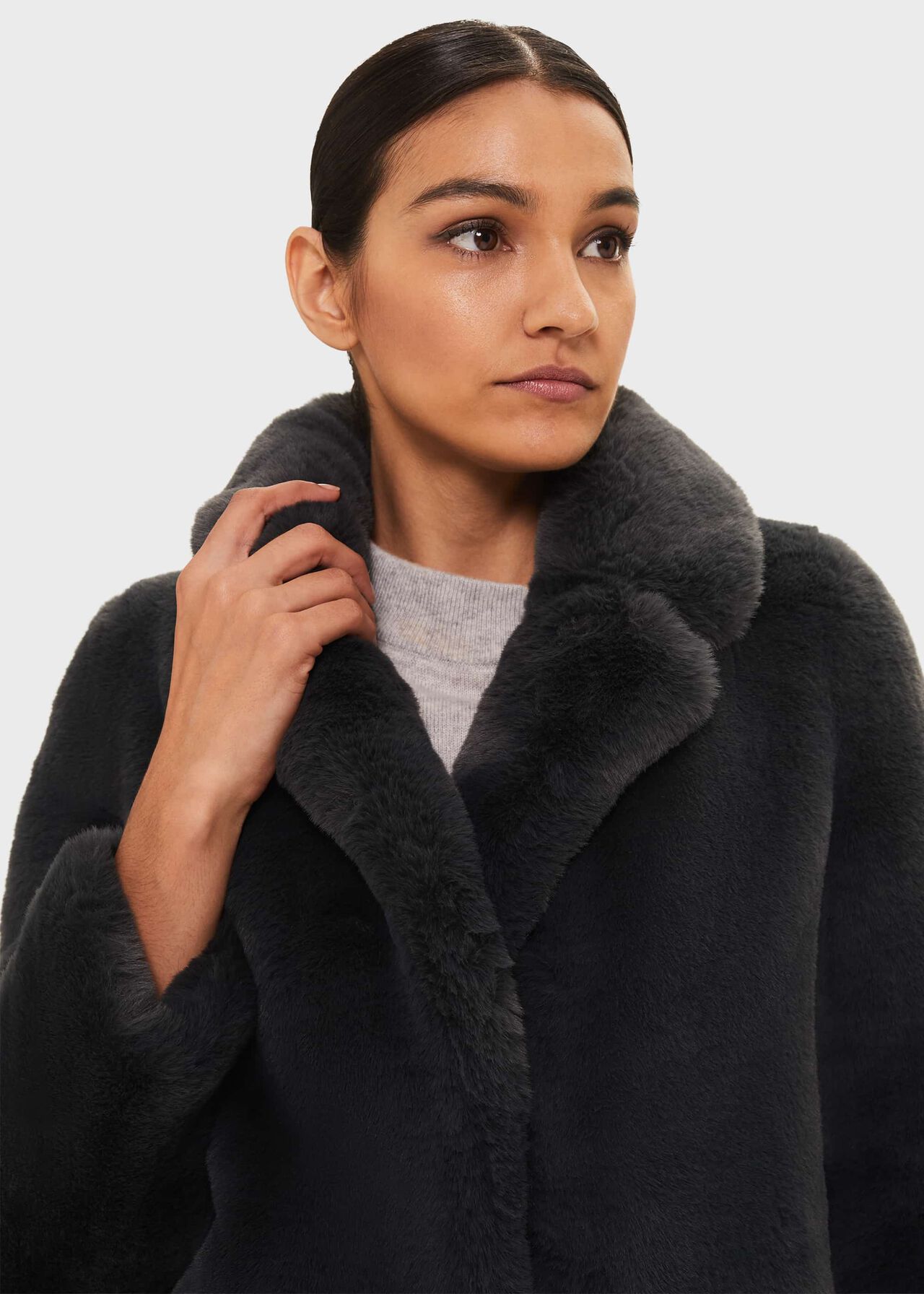 Georgia Faux Fur Collar Coat, Charcoal, hi-res