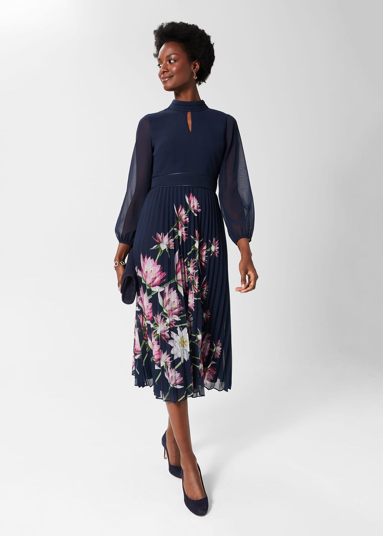 Deanna Pleated Floral Dress, Navy Multi, hi-res