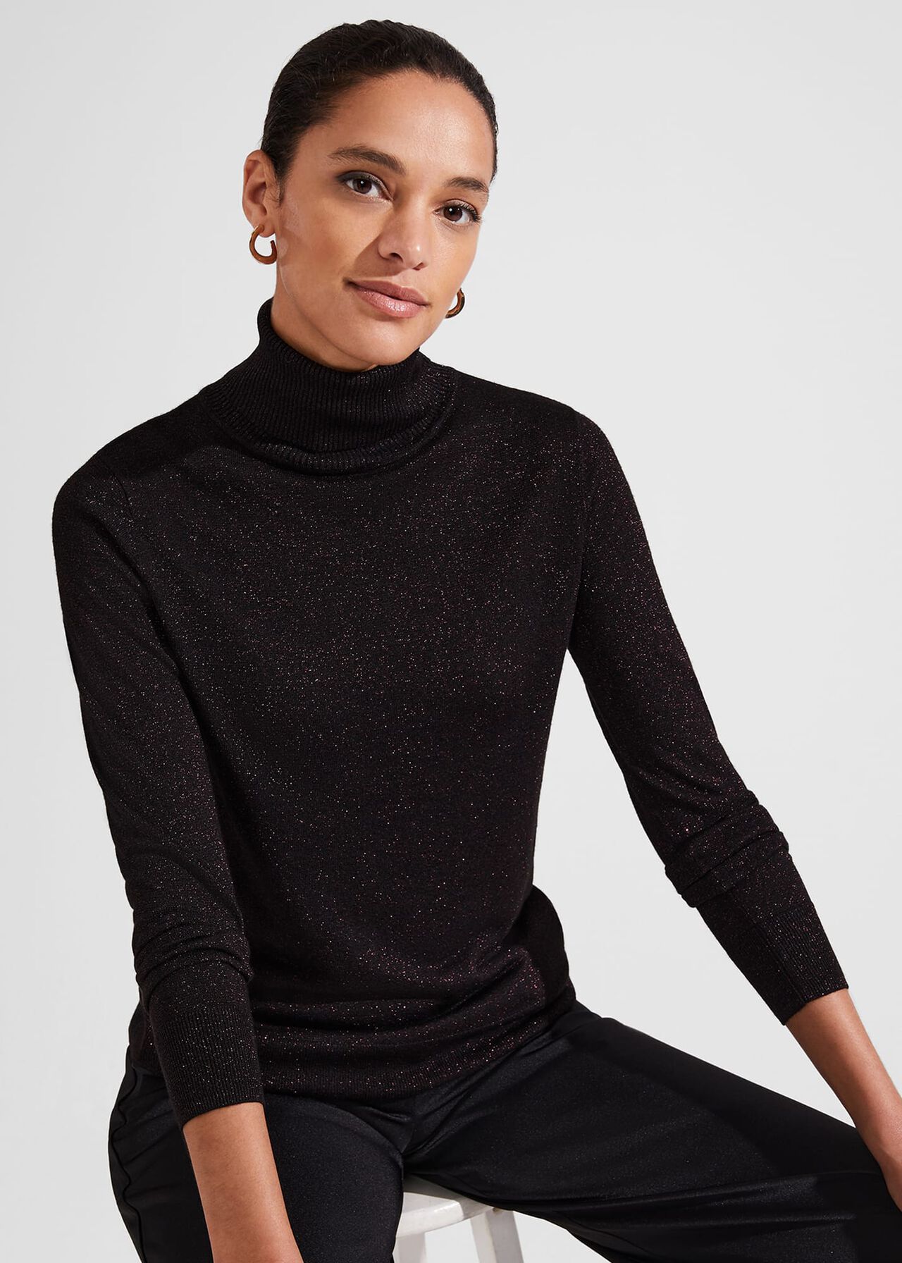 Olive Sparkle Roll Neck Jumper, Black Red, hi-res