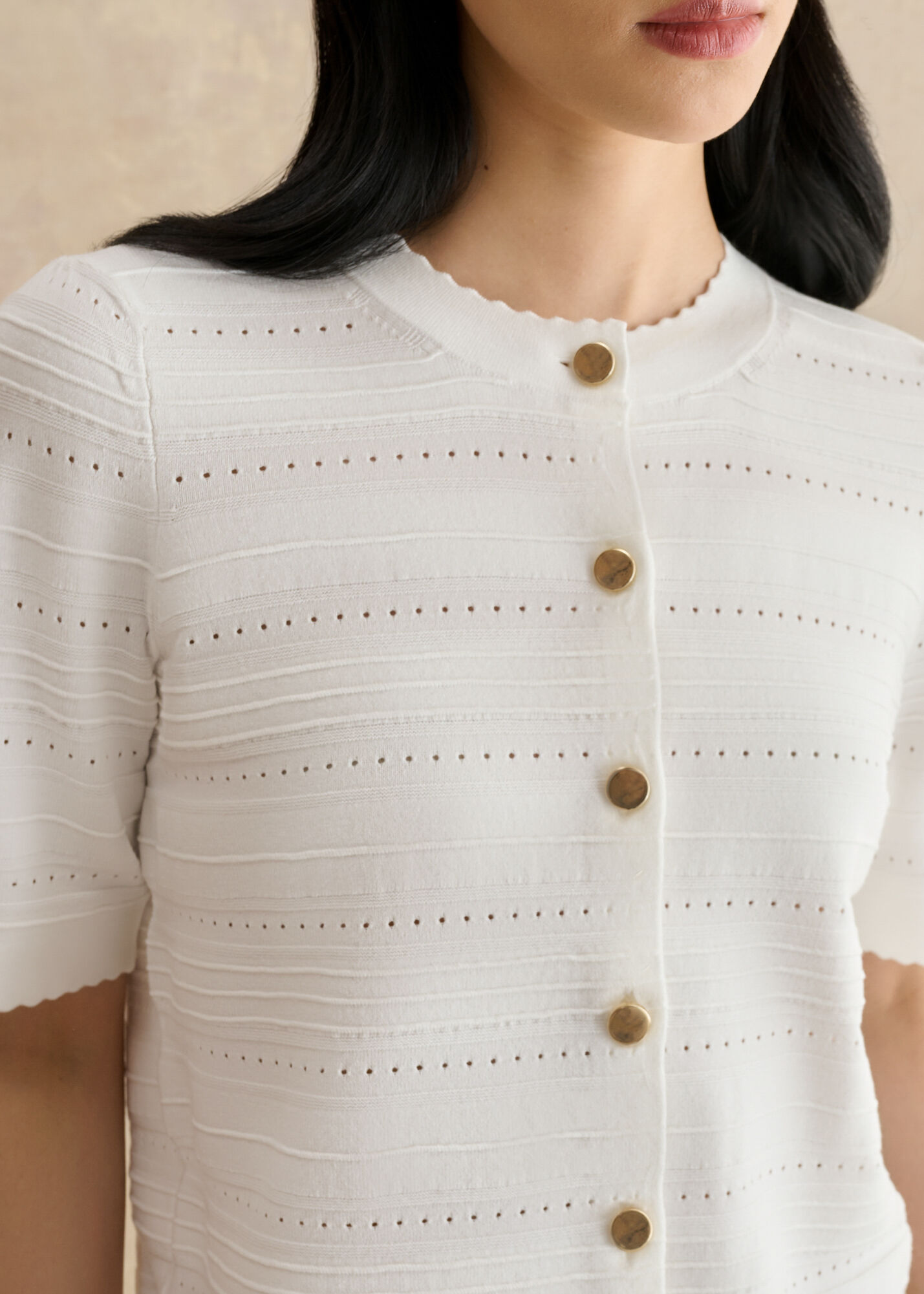 pois compact rib cardigan ホワイト Mimi Pointelle Short Sleeve Cardigan | Hobbs UK |