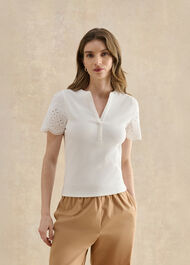 Daphne Cotton Broderie Ribbed Top, White, hi-res