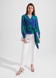 Elizabeth Printed Wrap Blouse, Blue Green, hi-res