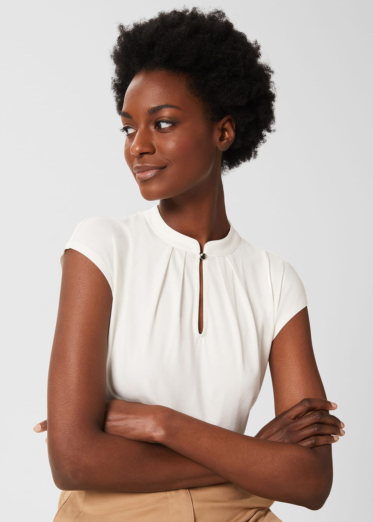 Maeve Button Neck Top , Ivory, hi-res