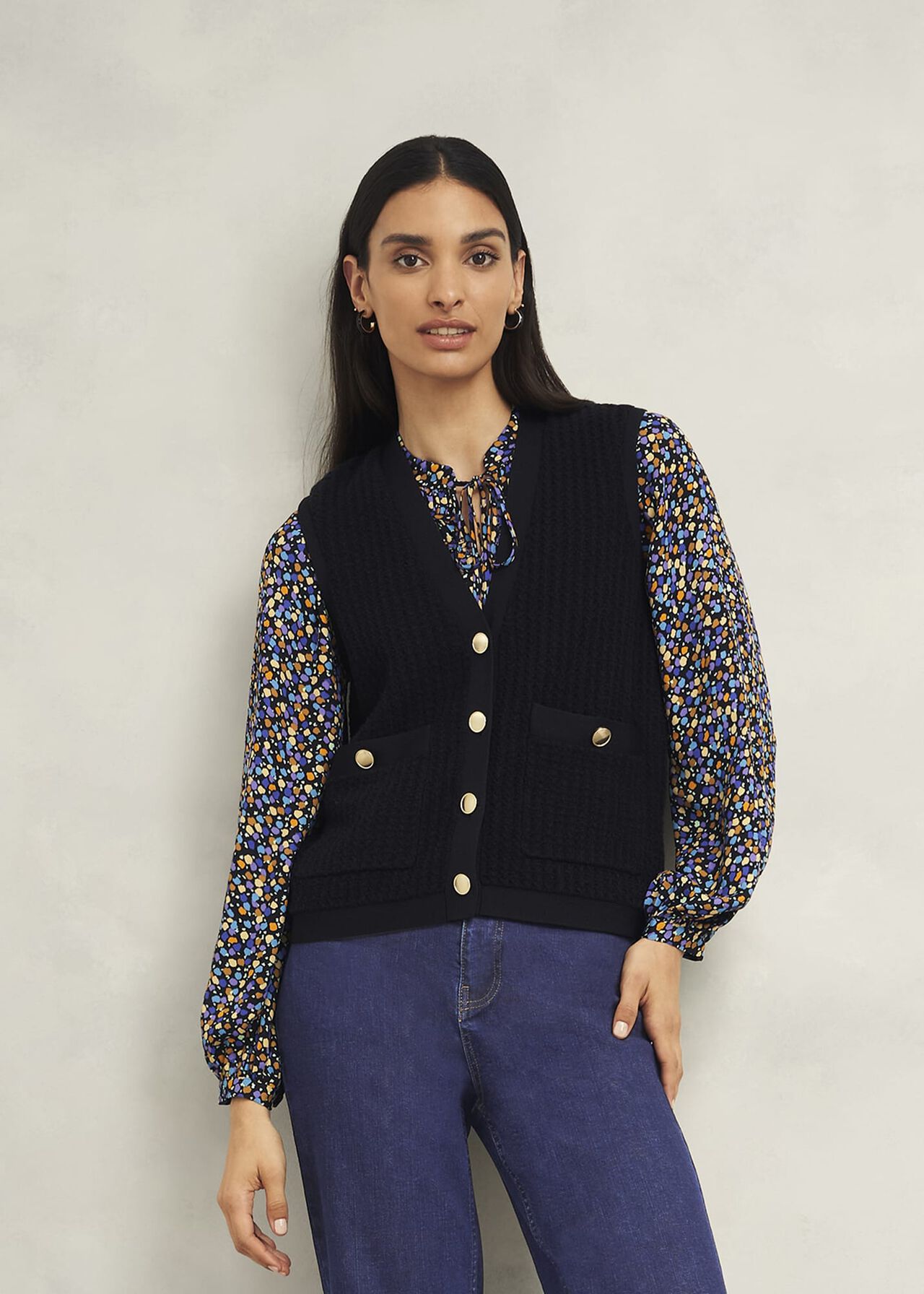 Tatton Cotton Blend Knitted Vest, Black, hi-res
