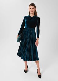 Rosalie Velvet Pleated Dress, Pine Green, hi-res