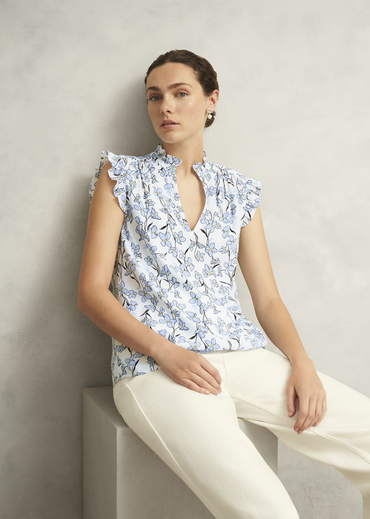 Ivory Floral Jules Top with Frill Sleeve, Ivory Blue, hi-res