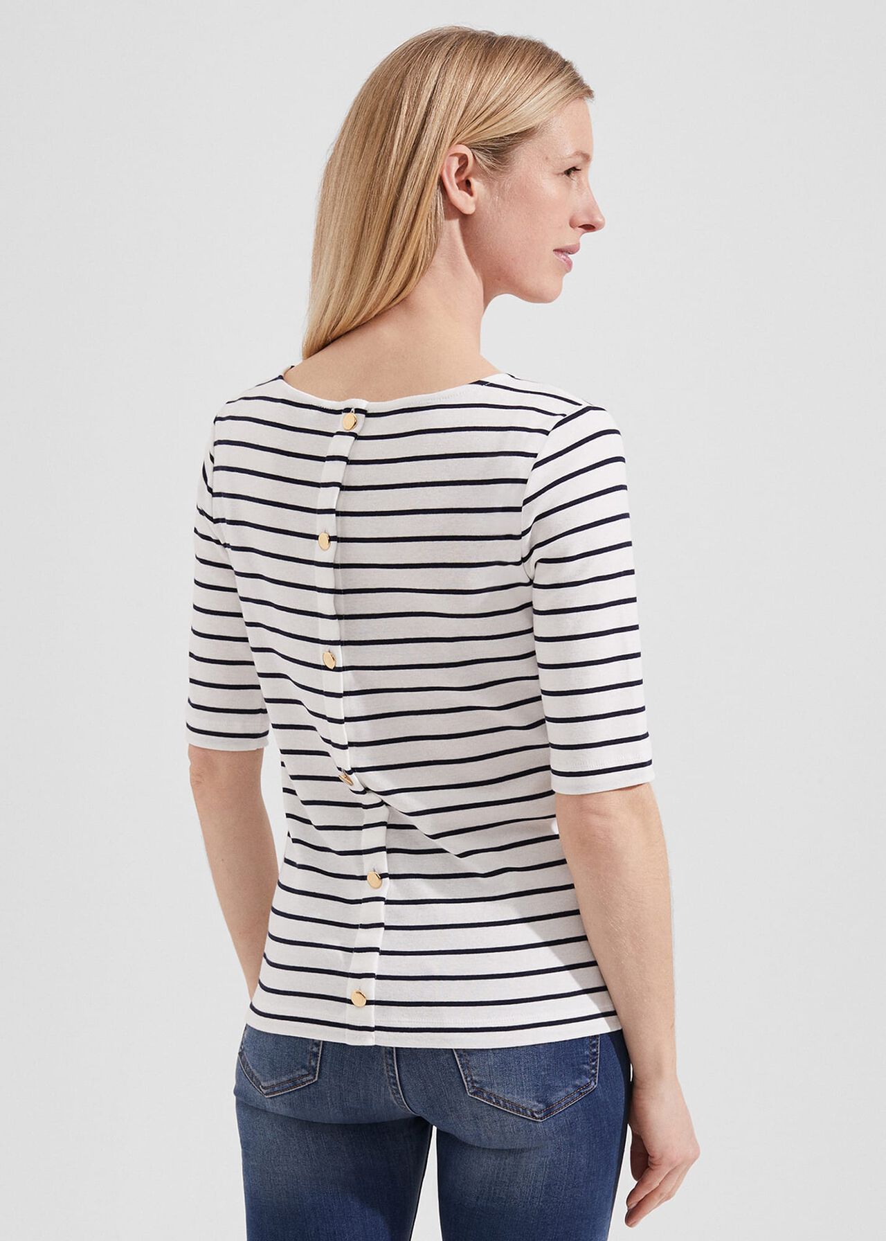Katie Cotton Button Back Top, Ivory Hobbsnavy, hi-res
