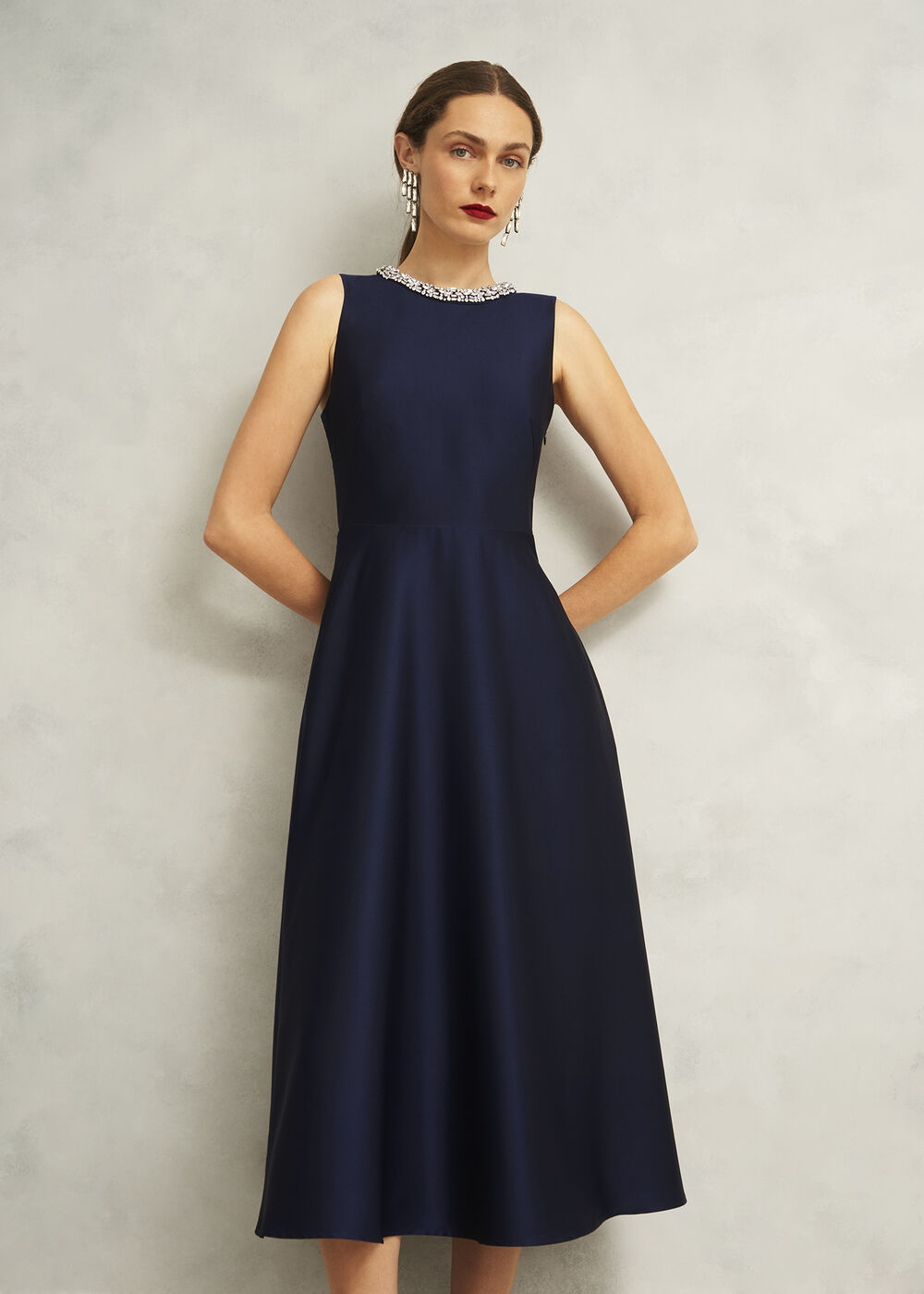 Keira Trimmed Satin Midi Dress, Midnight, hi-res