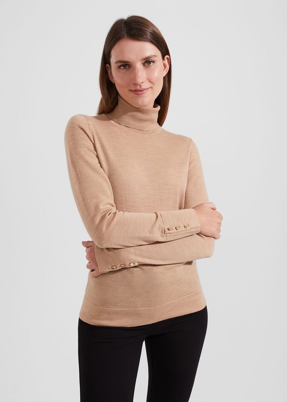 Lara Merino Wool Roll Neck Jumper, Camel, hi-res