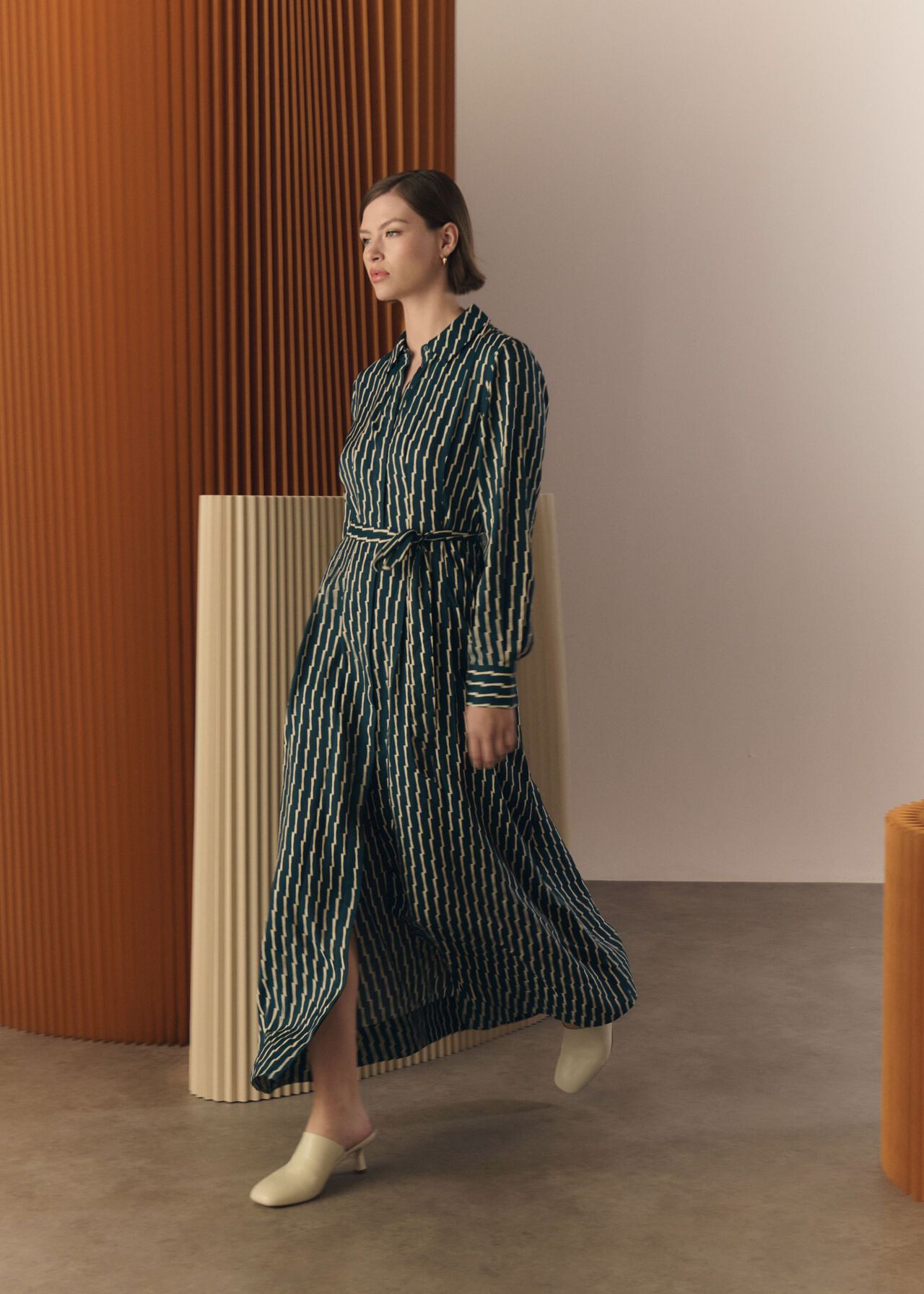 Serpentine Shirt Dress, Green Cream, hi-res