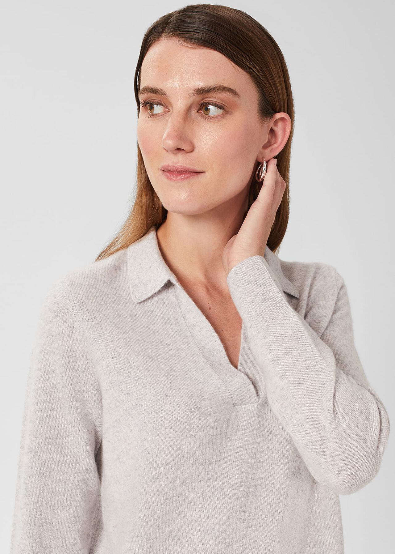 Cashmere Kayla Collared Sweater, Pale Grey Marl, hi-res