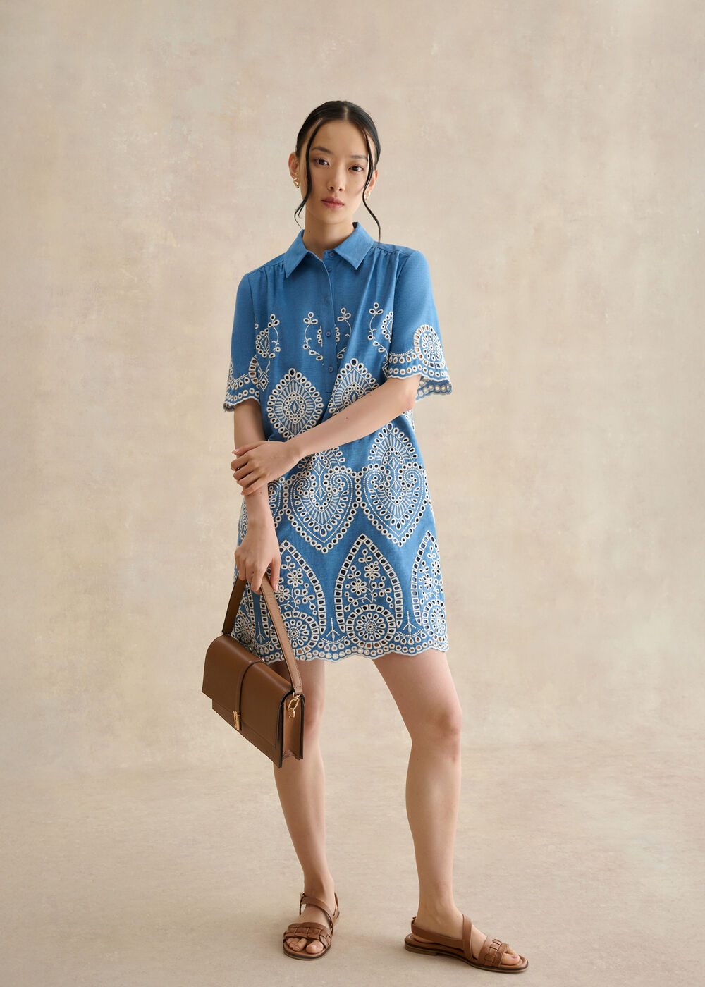 Daria Contrast Broderie Dress, Blue Ivory, hi-res