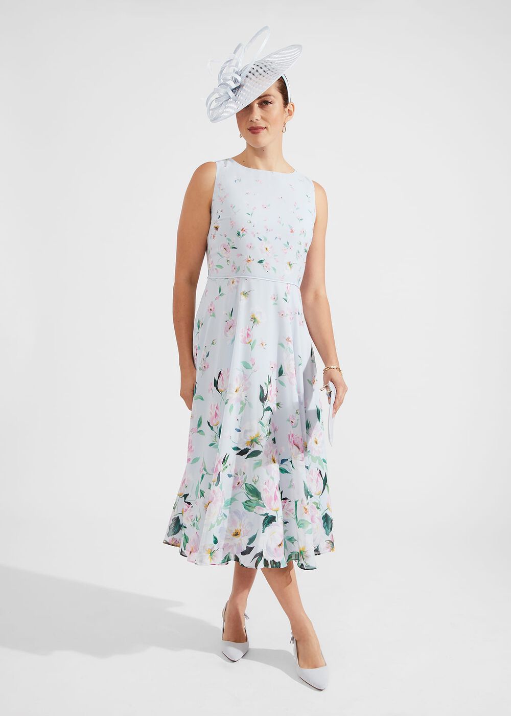 Carly Floral Midi Dress, Pale Blue Multi, hi-res