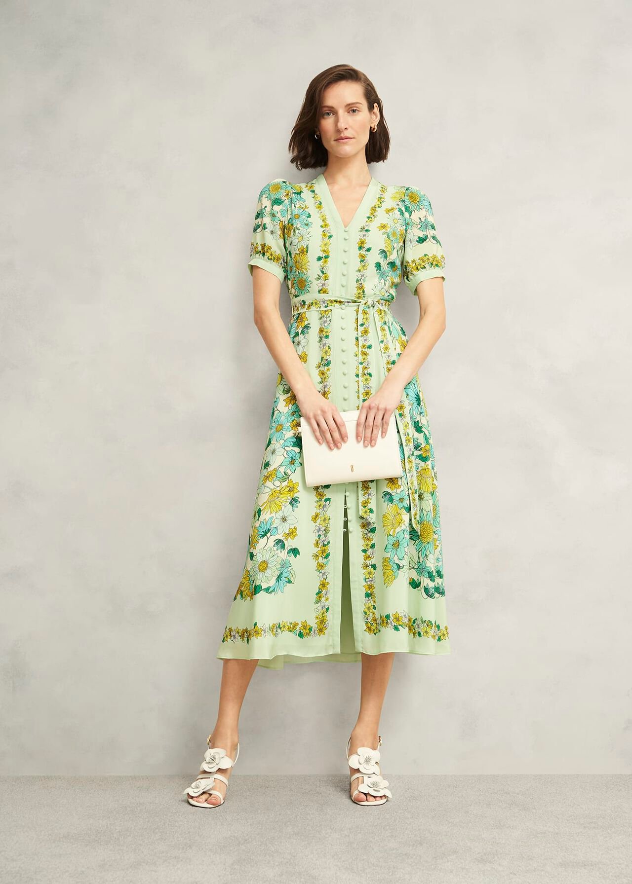 Ince Silk V Neck Floral Dress, Green Multi, hi-res