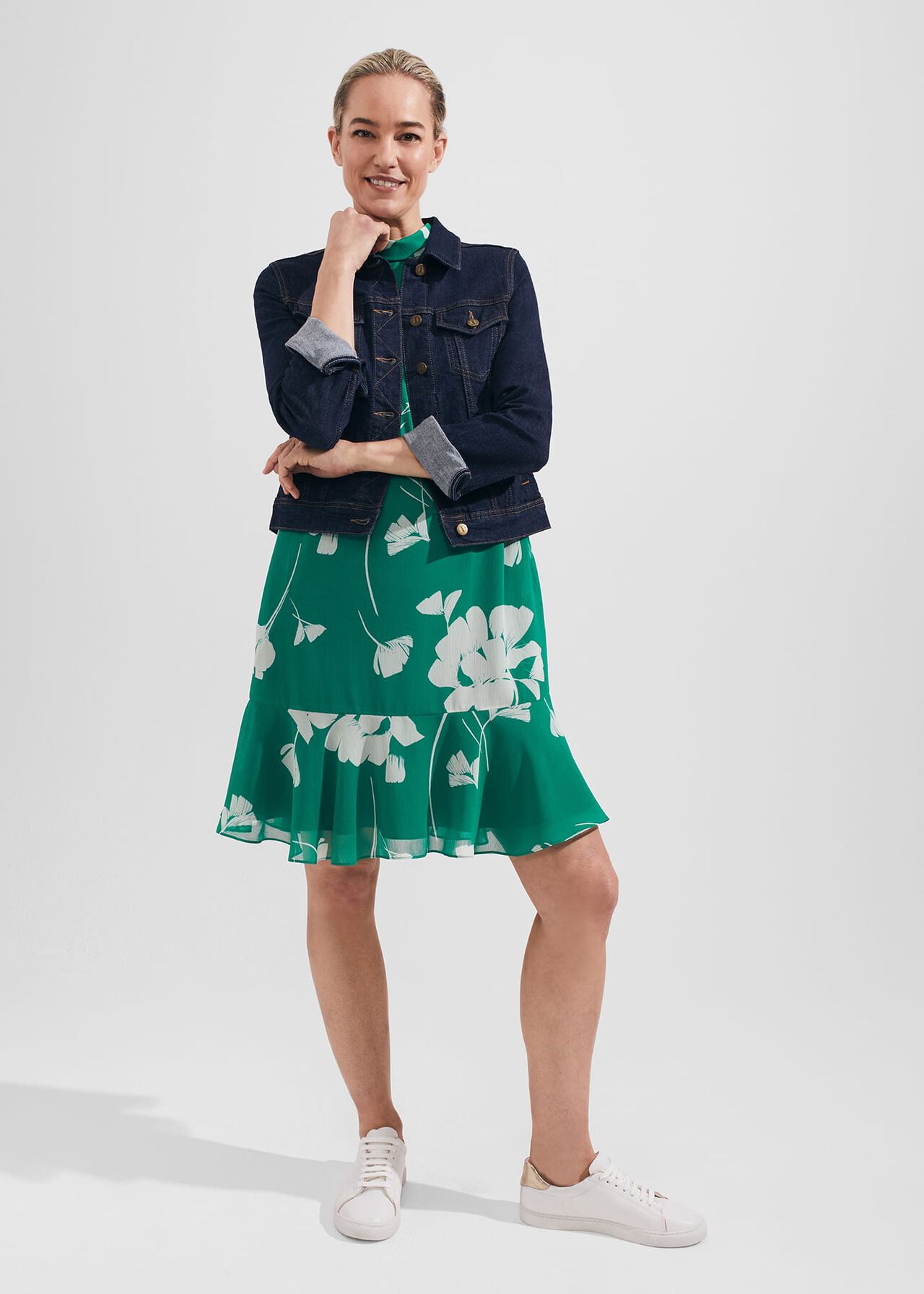 Madeline Floral A Line Dress, Green Ivory, hi-res