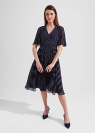 Petite Celia Spot Fit And Flare Dress, Navy Pale Pink, hi-res