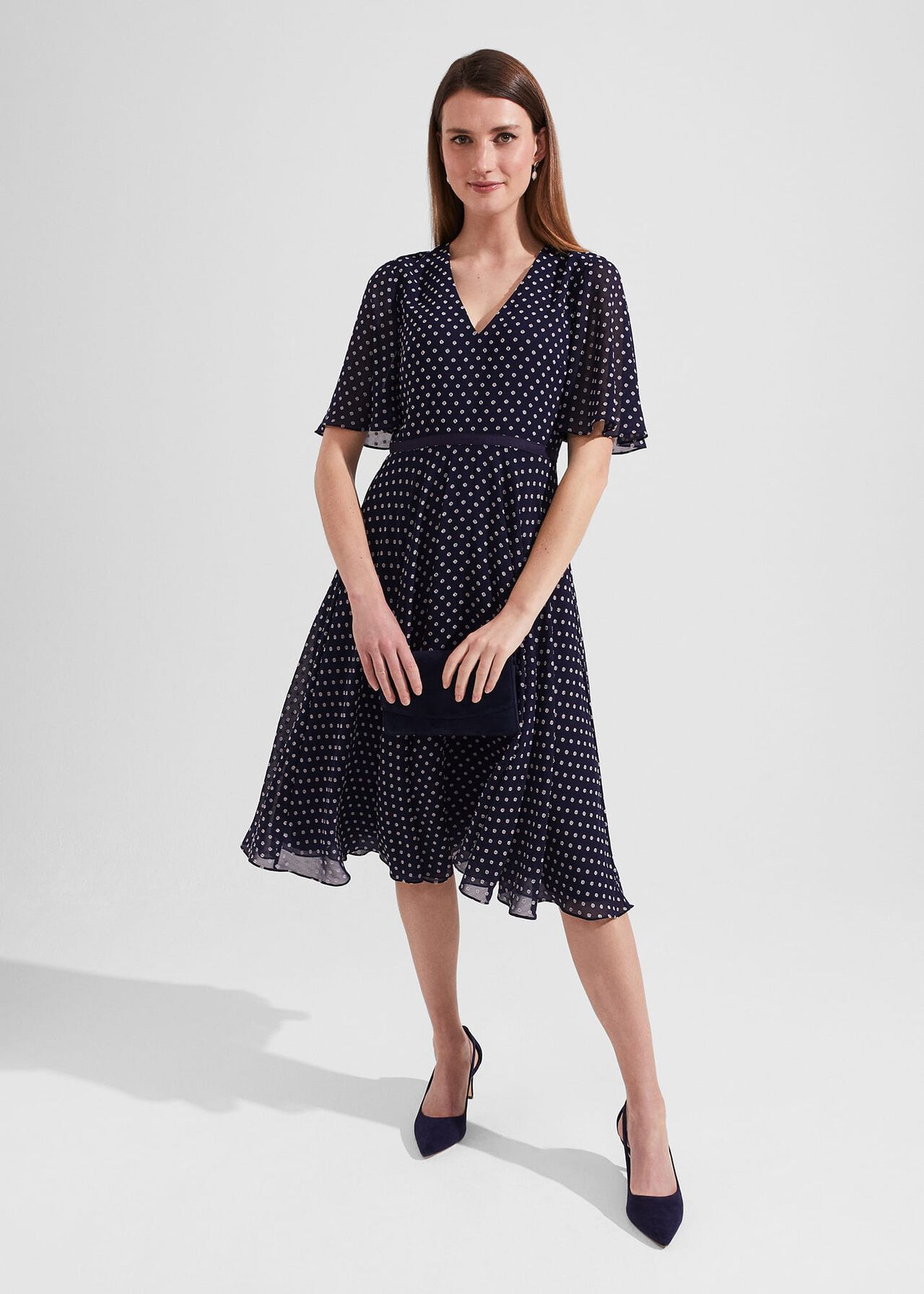 Petite Celia Spot Fit And Flare Dress, Navy Pale Pink, hi-res