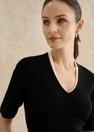 Scarlett V Neck Knitted Top, Black Cream, hi-res