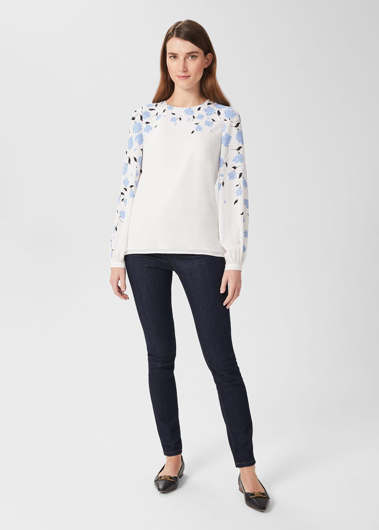 Zeoy Floral Puff Sleeve Blouse, Ivory Blue, hi-res