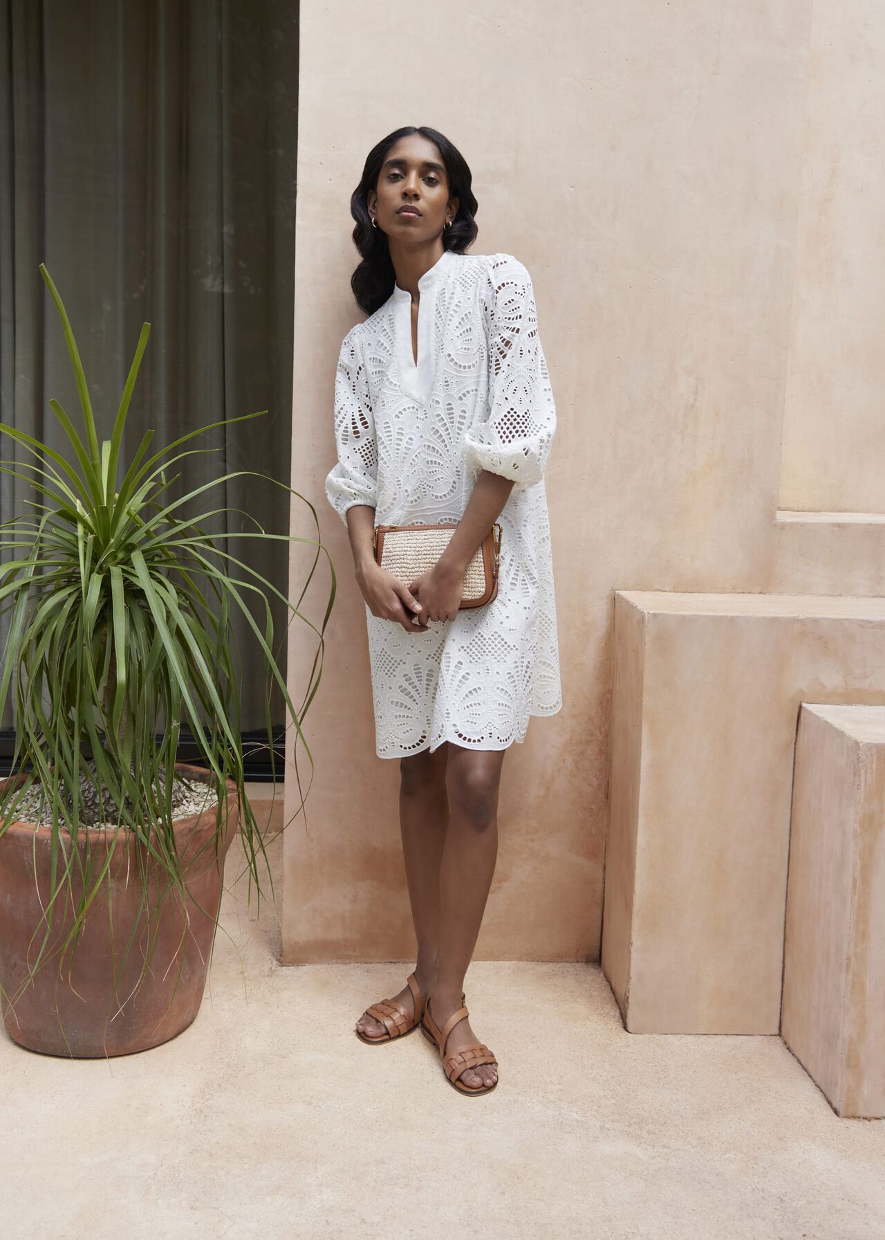 White Easedale Cotton Broderie Dress, Hobbs White, hi-res
