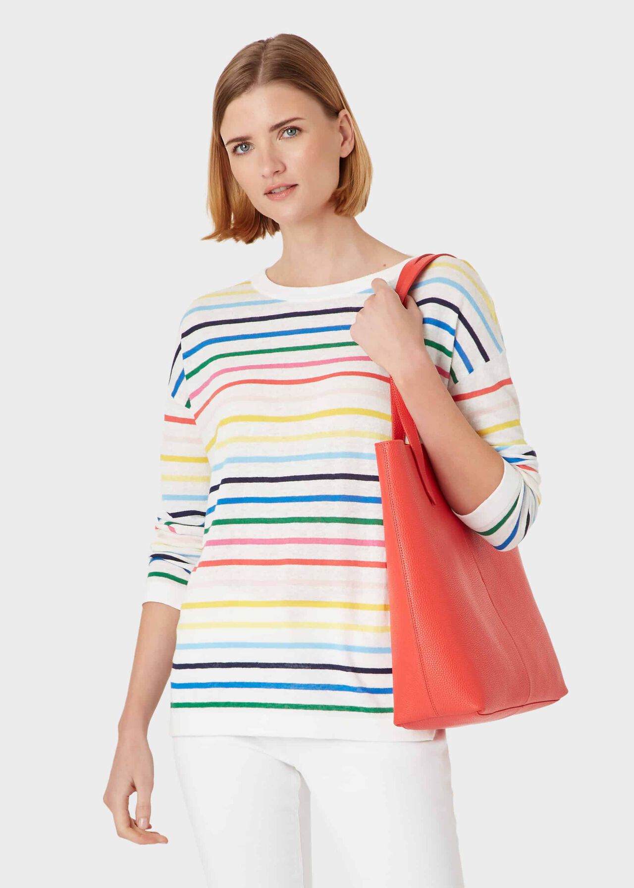 Rainbow Linen Cotton Stripe Jumper, Multi, hi-res