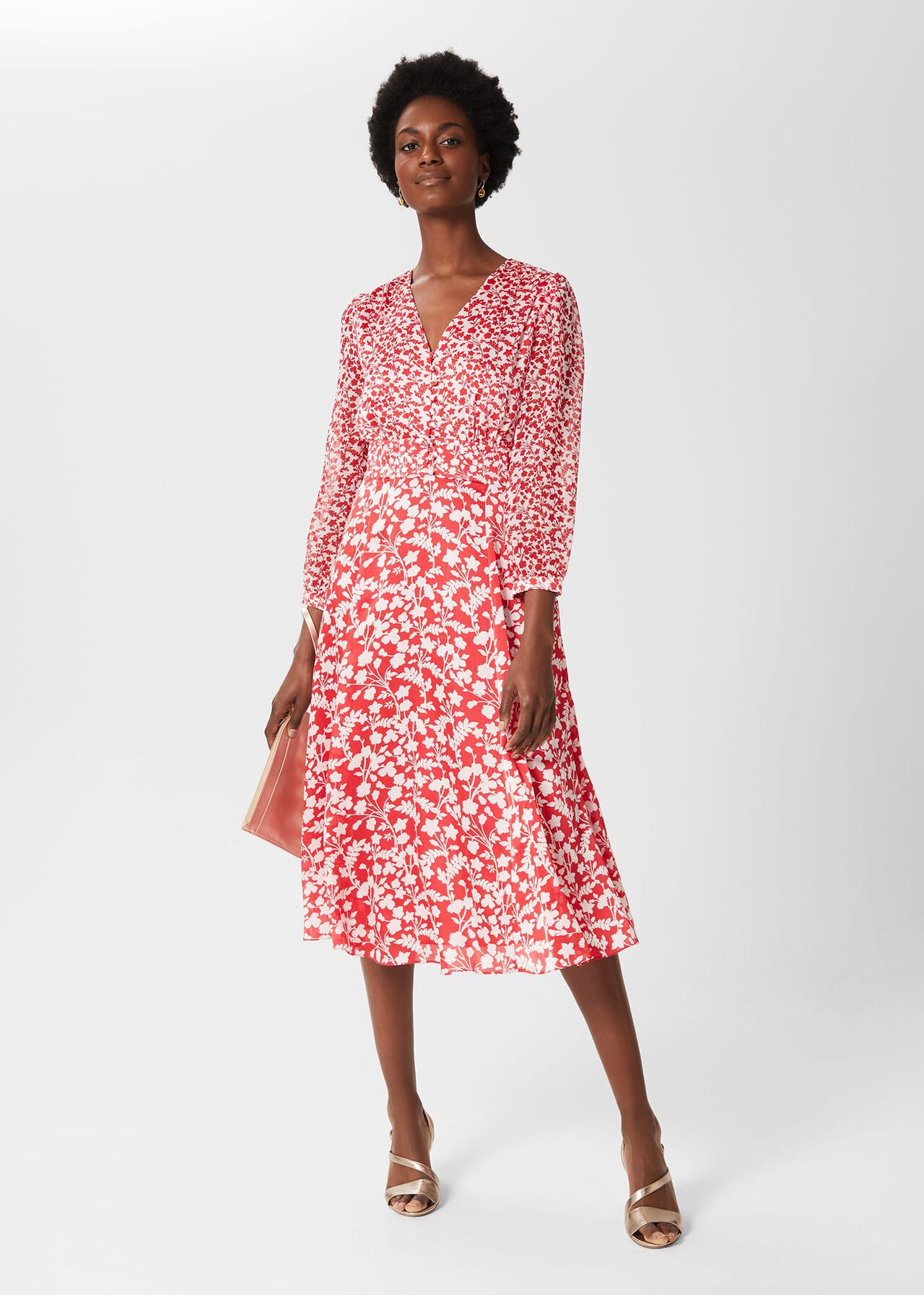 Rosie Floral V Neck Dress, Rasp Red Ivory, hi-res